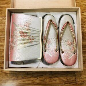 Japanese Kimono Accessories Zouri Sandals & Bag Pink Floral Poor Condition